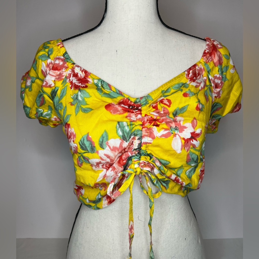 Floral Crop Top Jolie & Joy yellow Summer tie front Bubble Sleeve Medium juniors